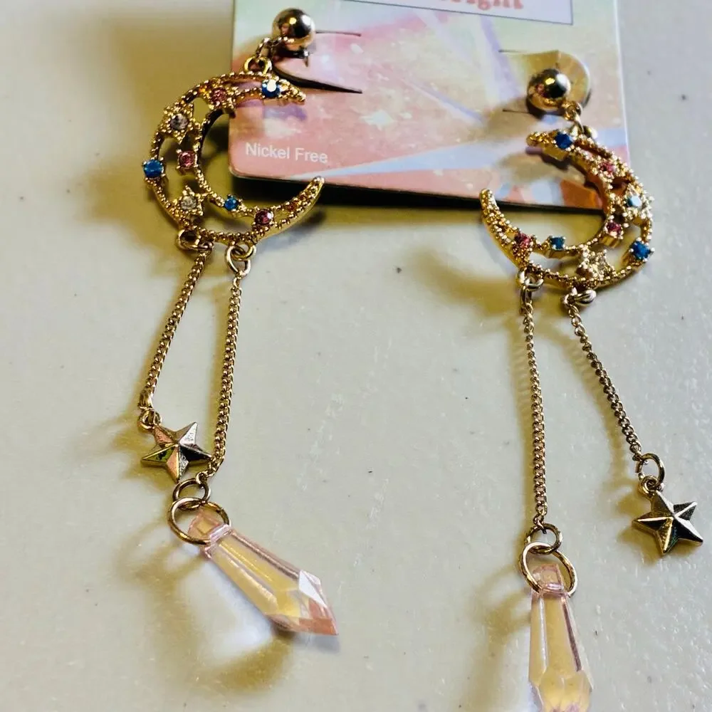 Celestial Moon Star Crystal Dangle Earrings Gold Tone Rhinestone Fairycore New